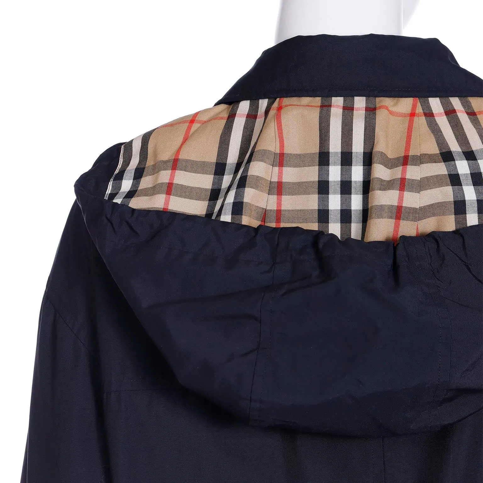 1990s Burberrys Black Raincoat With Hood & Nova Check Lining