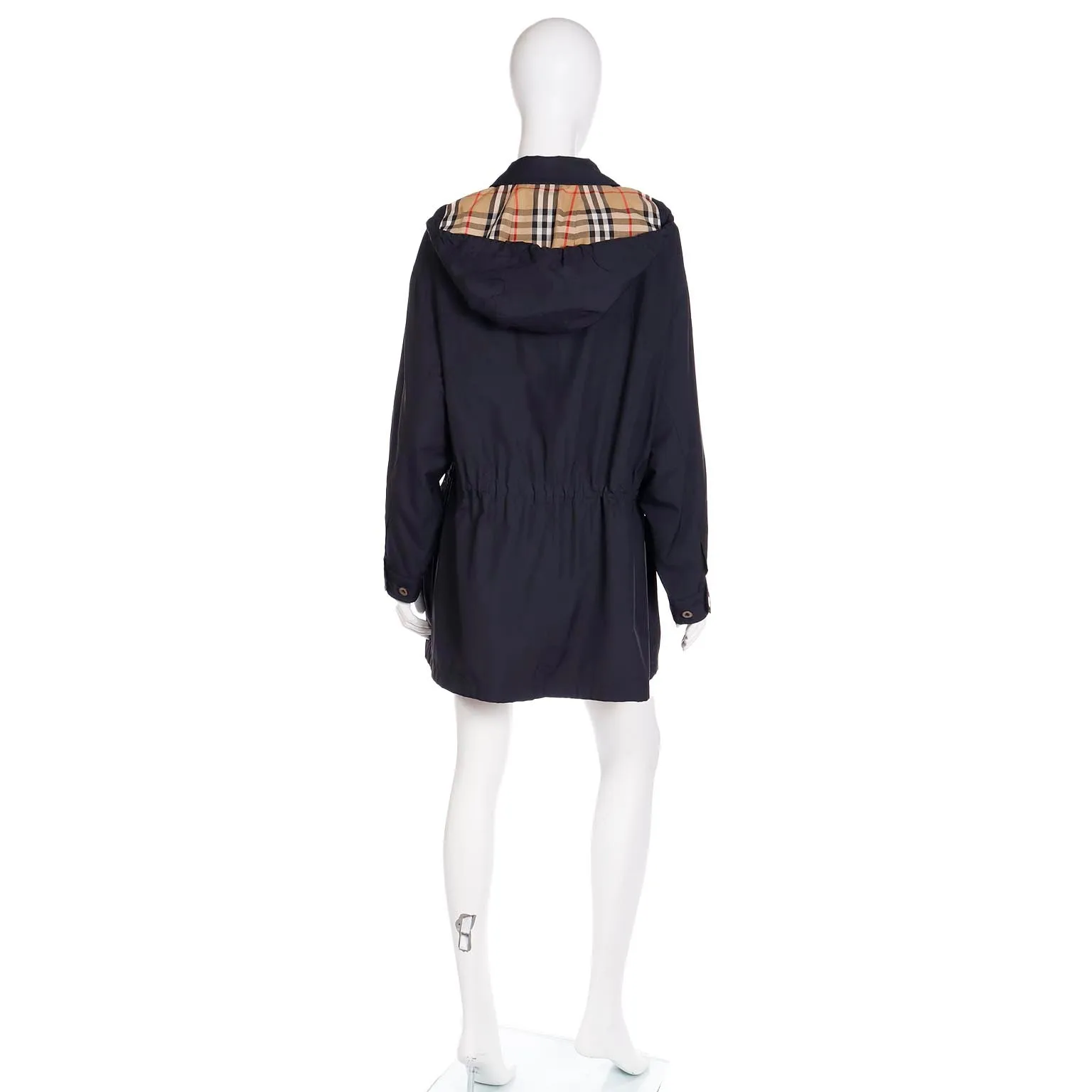 1990s Burberrys Black Raincoat With Hood & Nova Check Lining
