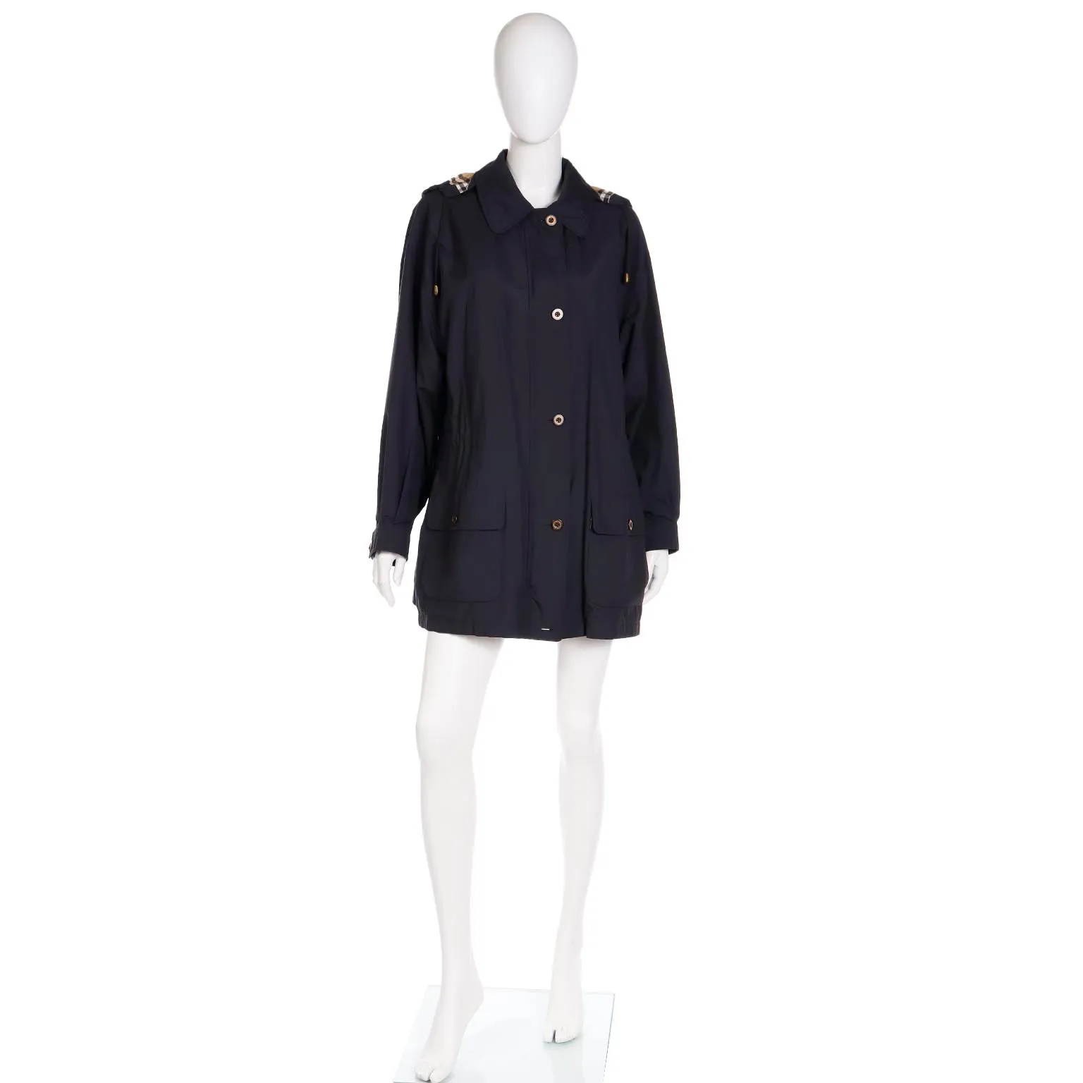 1990s Burberrys Black Raincoat With Hood & Nova Check Lining