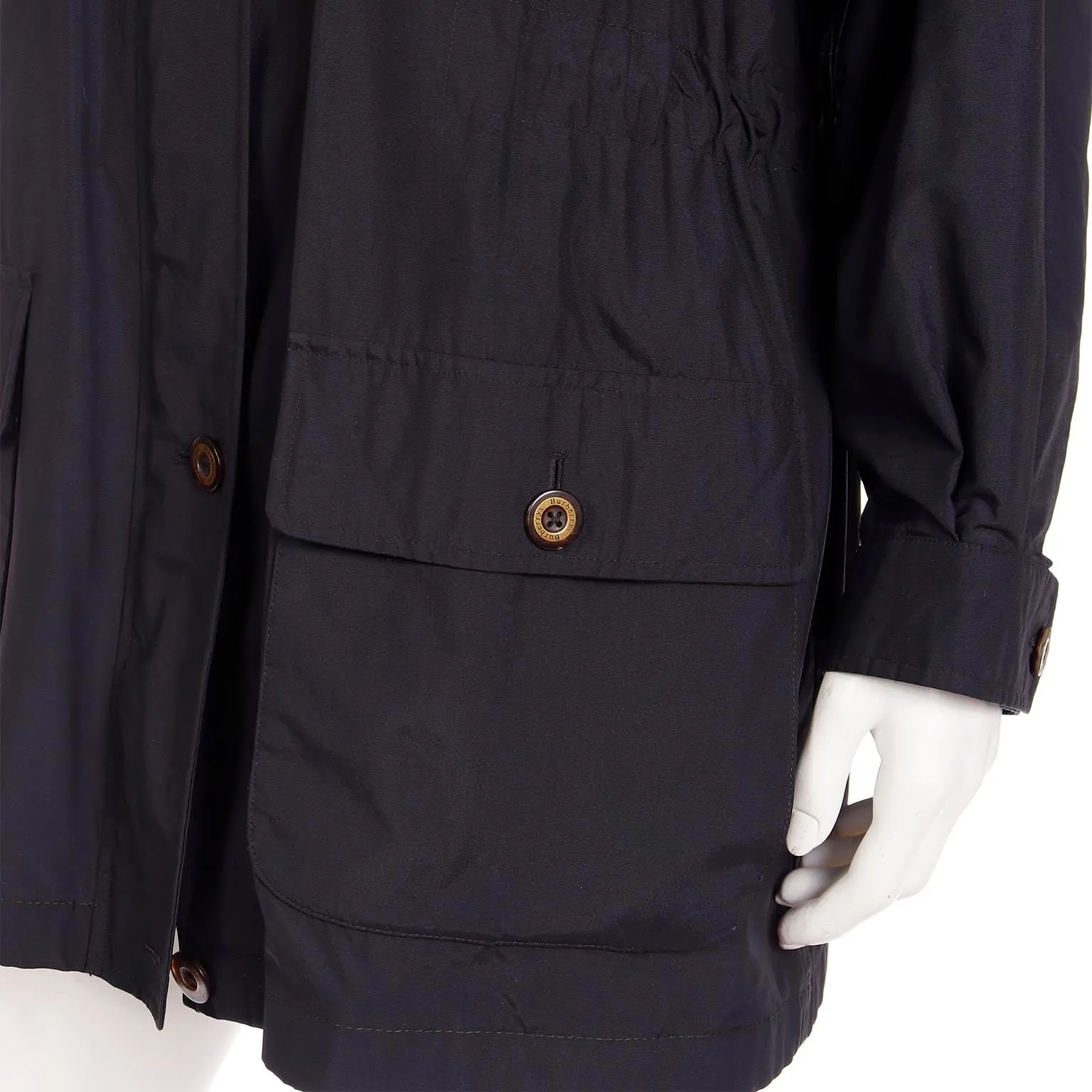 1990s Burberrys Black Raincoat With Hood & Nova Check Lining