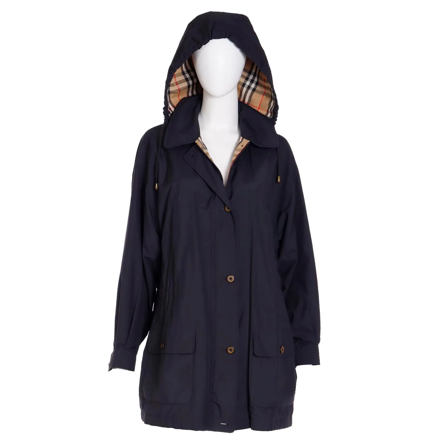 1990s Burberrys Black Raincoat With Hood & Nova Check Lining