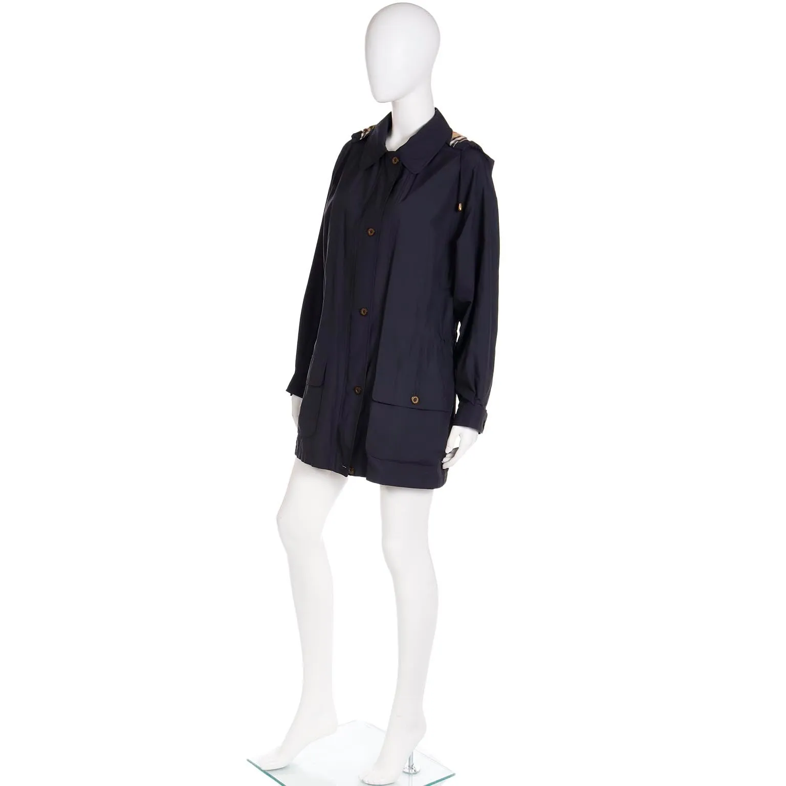 1990s Burberrys Black Raincoat With Hood & Nova Check Lining