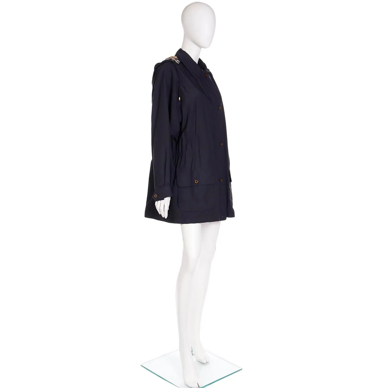 1990s Burberrys Black Raincoat With Hood & Nova Check Lining