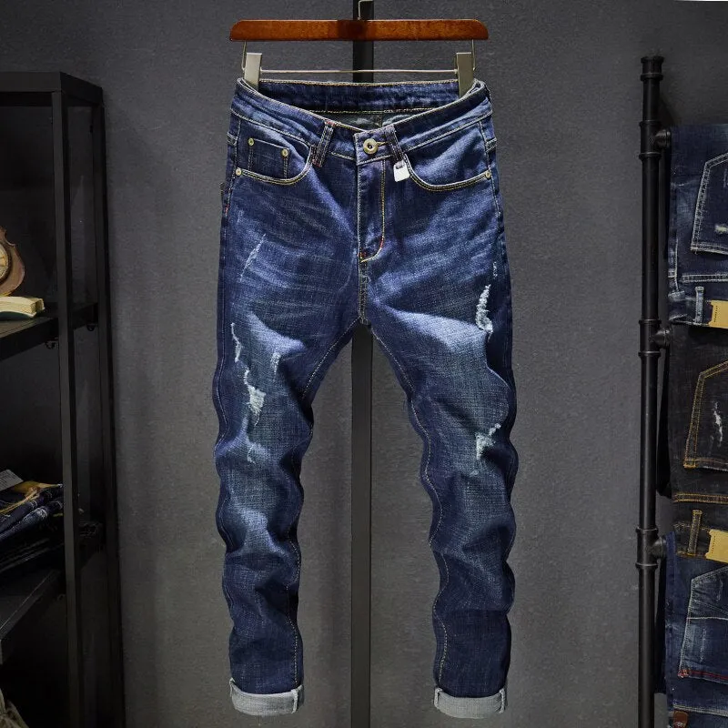 Angelo Ricci™ Distressed Ripped Dark Blue Denim Jeans