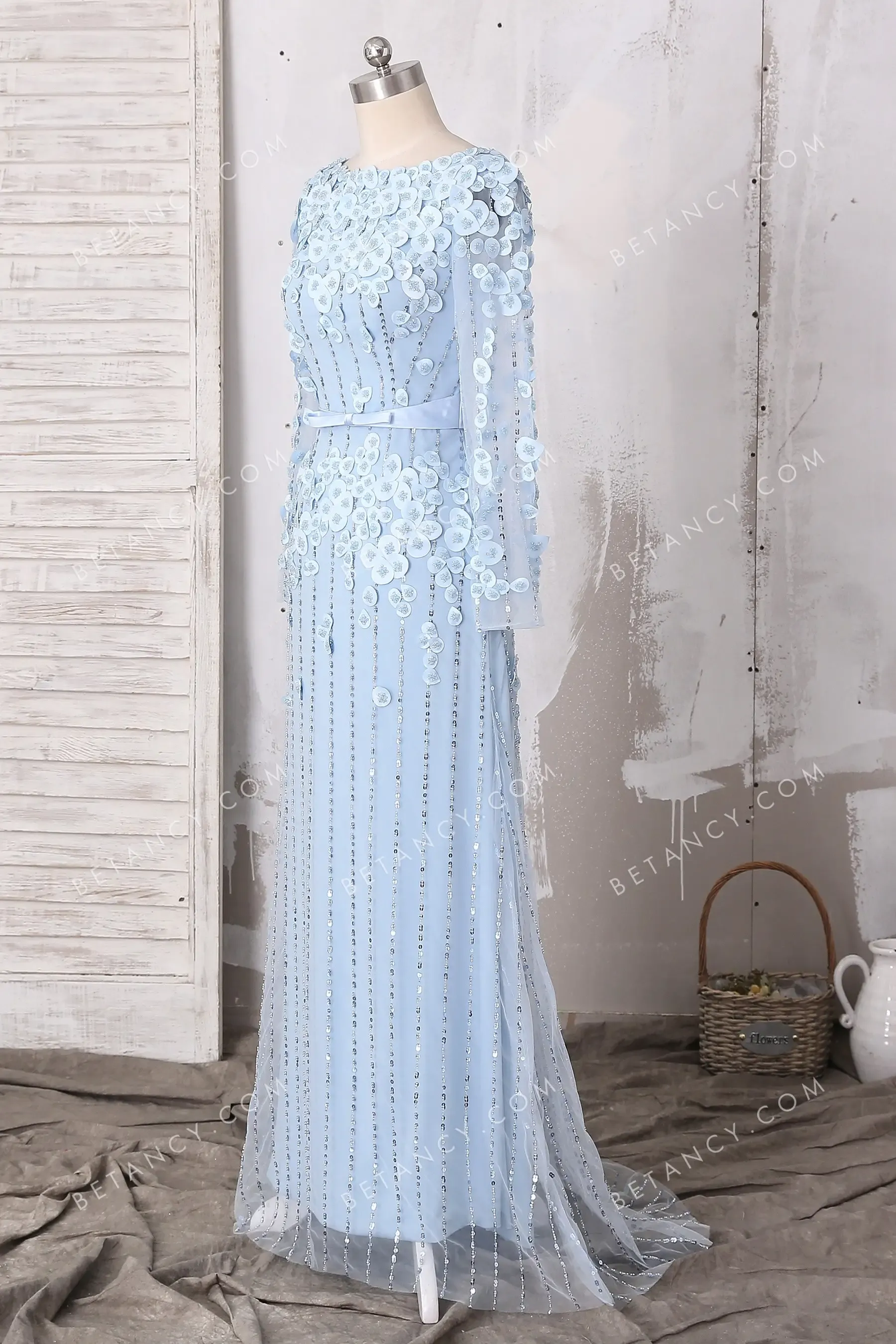 Beaded Petals Ice Blue Satin and Tulle Formal Dress
