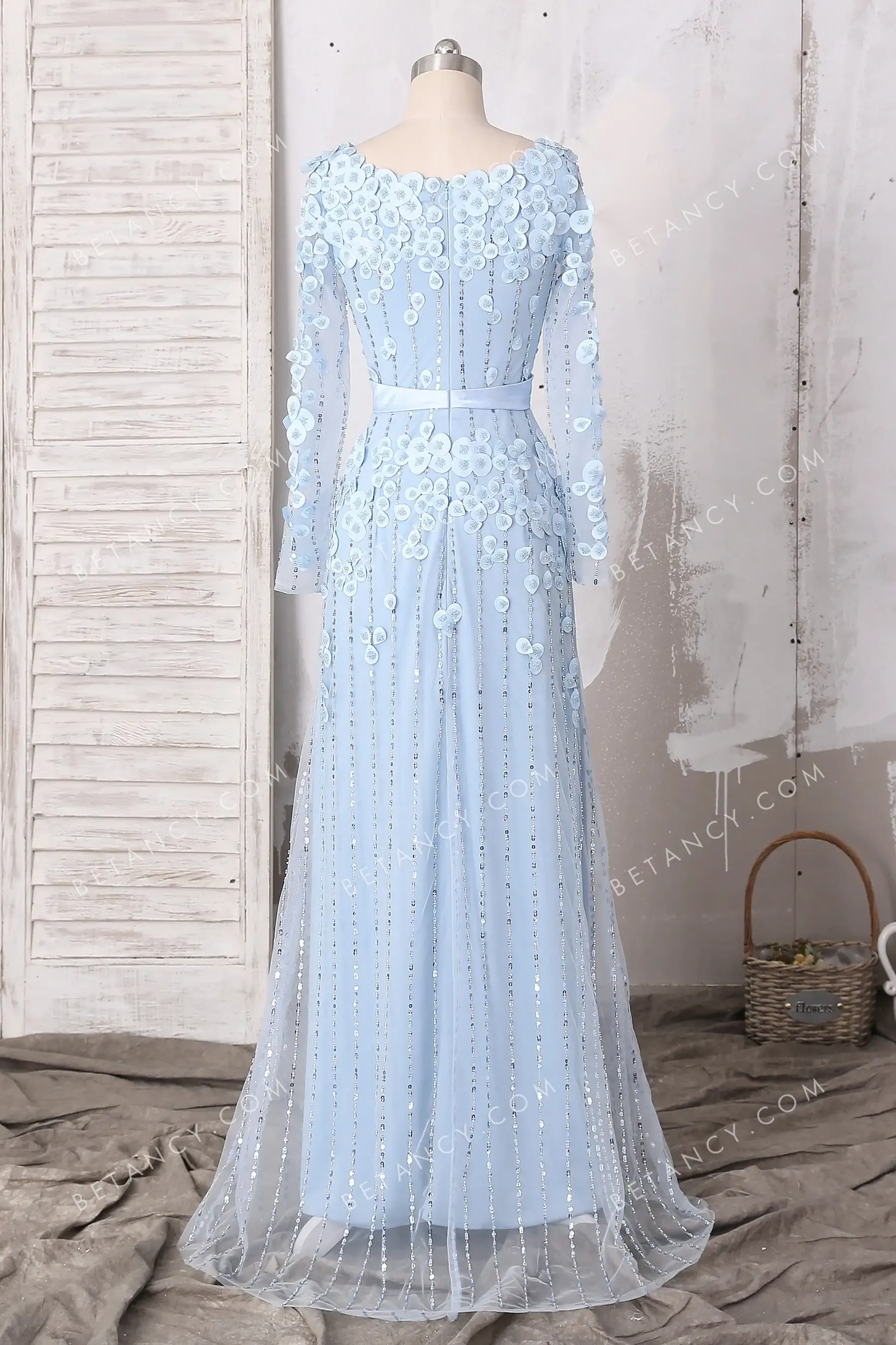 Beaded Petals Ice Blue Satin and Tulle Formal Dress