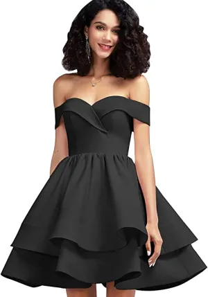 Black Off Shoulder Short Prom Dress Satin Homecoming Dresses for Teens A Line Cocktail Party Gowns Mini Dress - Homdor