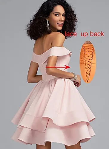 Black Off Shoulder Short Prom Dress Satin Homecoming Dresses for Teens A Line Cocktail Party Gowns Mini Dress - Homdor