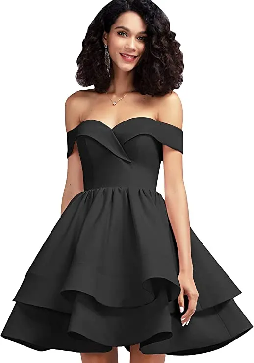 Black Off Shoulder Short Prom Dress Satin Homecoming Dresses for Teens A Line Cocktail Party Gowns Mini Dress - Homdor