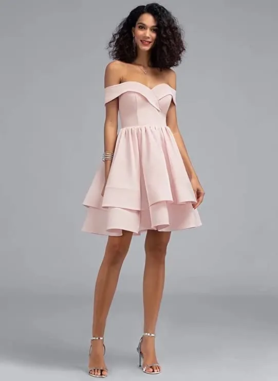 Black Off Shoulder Short Prom Dress Satin Homecoming Dresses for Teens A Line Cocktail Party Gowns Mini Dress - Homdor