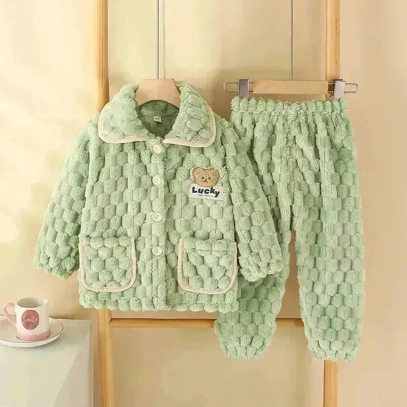 Children Thick Winter Fleece Pajamas set boys girls kids