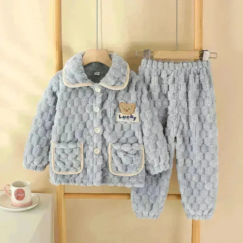 Children Thick Winter Fleece Pajamas set boys girls kids