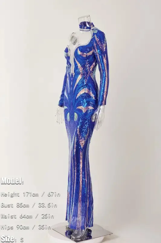 Exquisite Collar Floor Length Sequin Dress