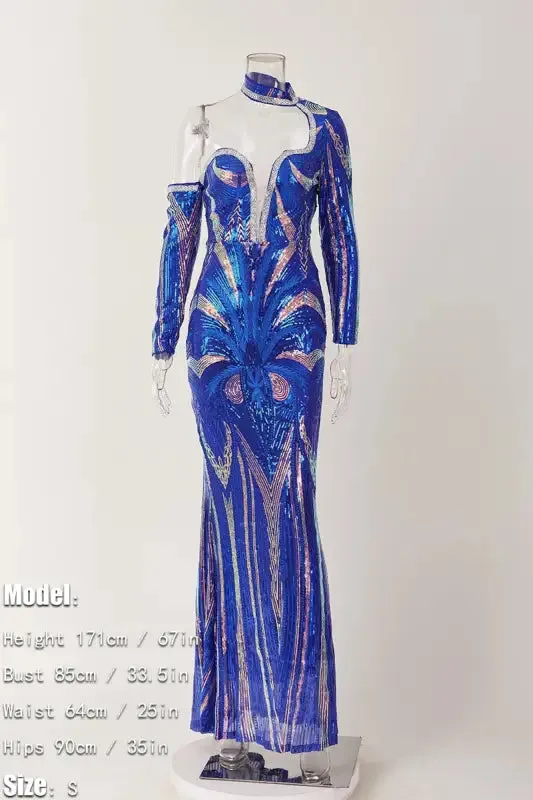Exquisite Collar Floor Length Sequin Dress