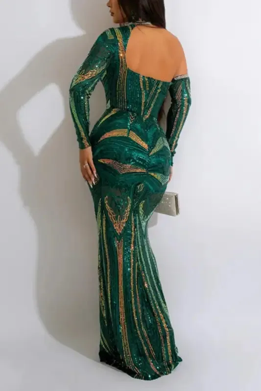 Exquisite Collar Floor Length Sequin Dress
