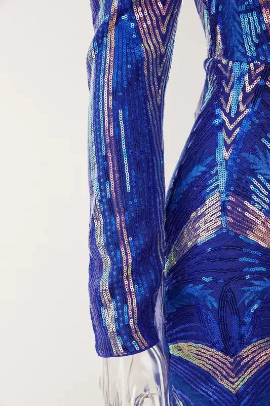 Exquisite Collar Floor Length Sequin Dress