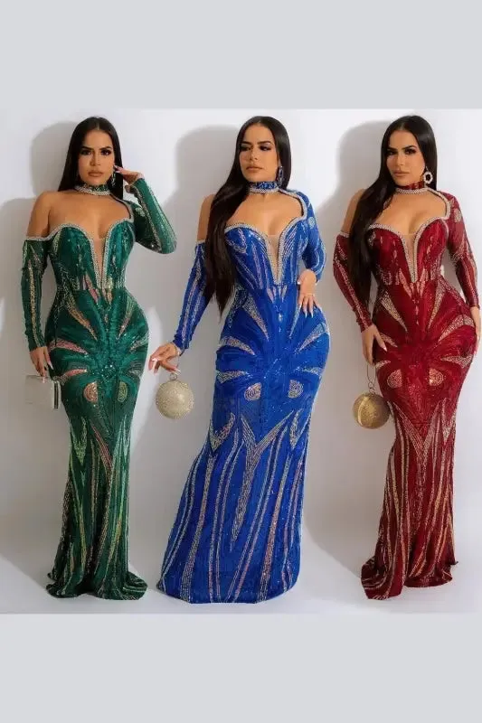 Exquisite Collar Floor Length Sequin Dress