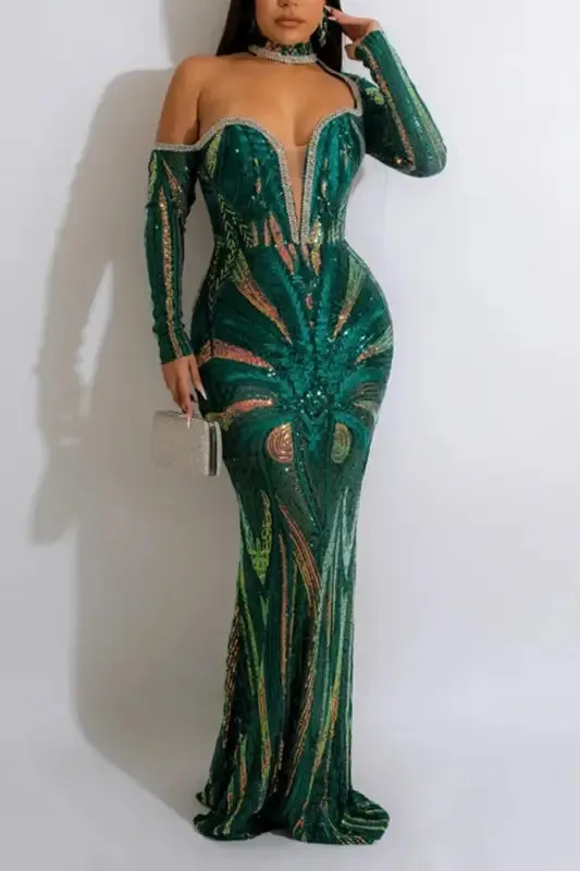 Exquisite Collar Floor Length Sequin Dress
