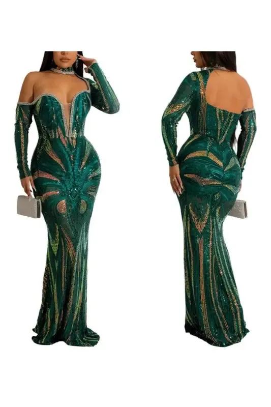 Exquisite Collar Floor Length Sequin Dress