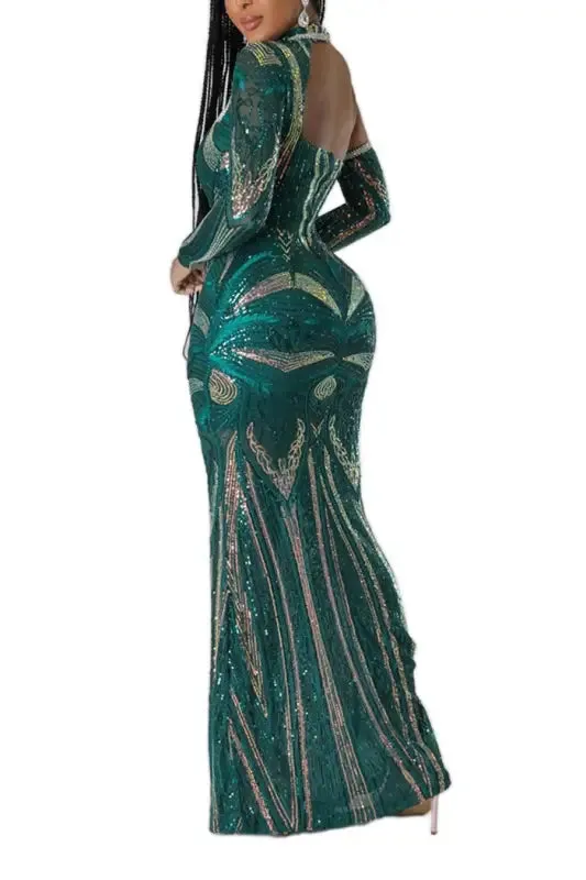Exquisite Collar Floor Length Sequin Dress