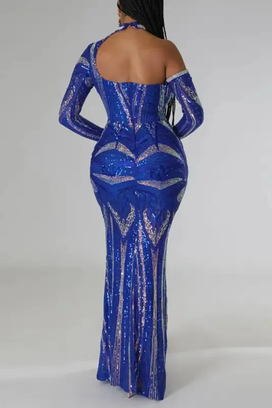 Exquisite Collar Floor Length Sequin Dress