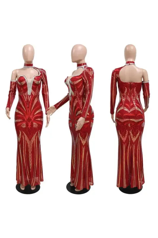 Exquisite Collar Floor Length Sequin Dress