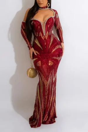 Exquisite Collar Floor Length Sequin Dress