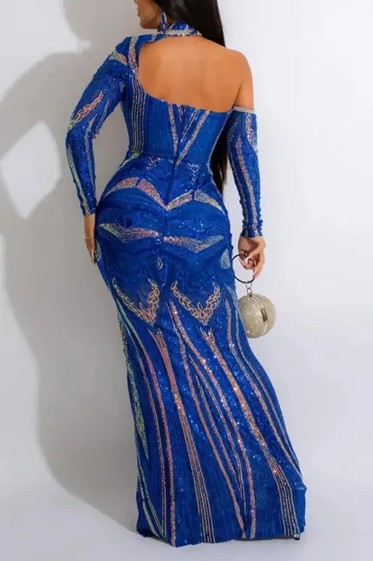 Exquisite Collar Floor Length Sequin Dress