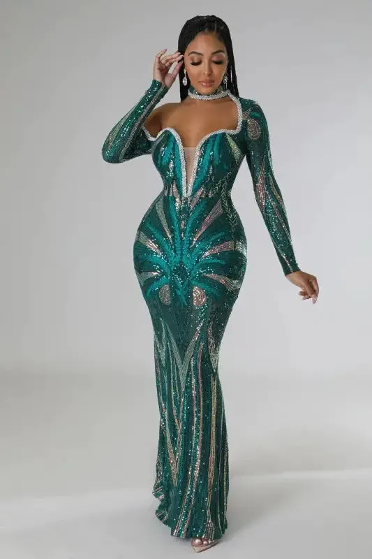 Exquisite Collar Floor Length Sequin Dress