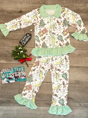 Girls Mean One Grinch Christmas Ruffle Christmas Pajama Set