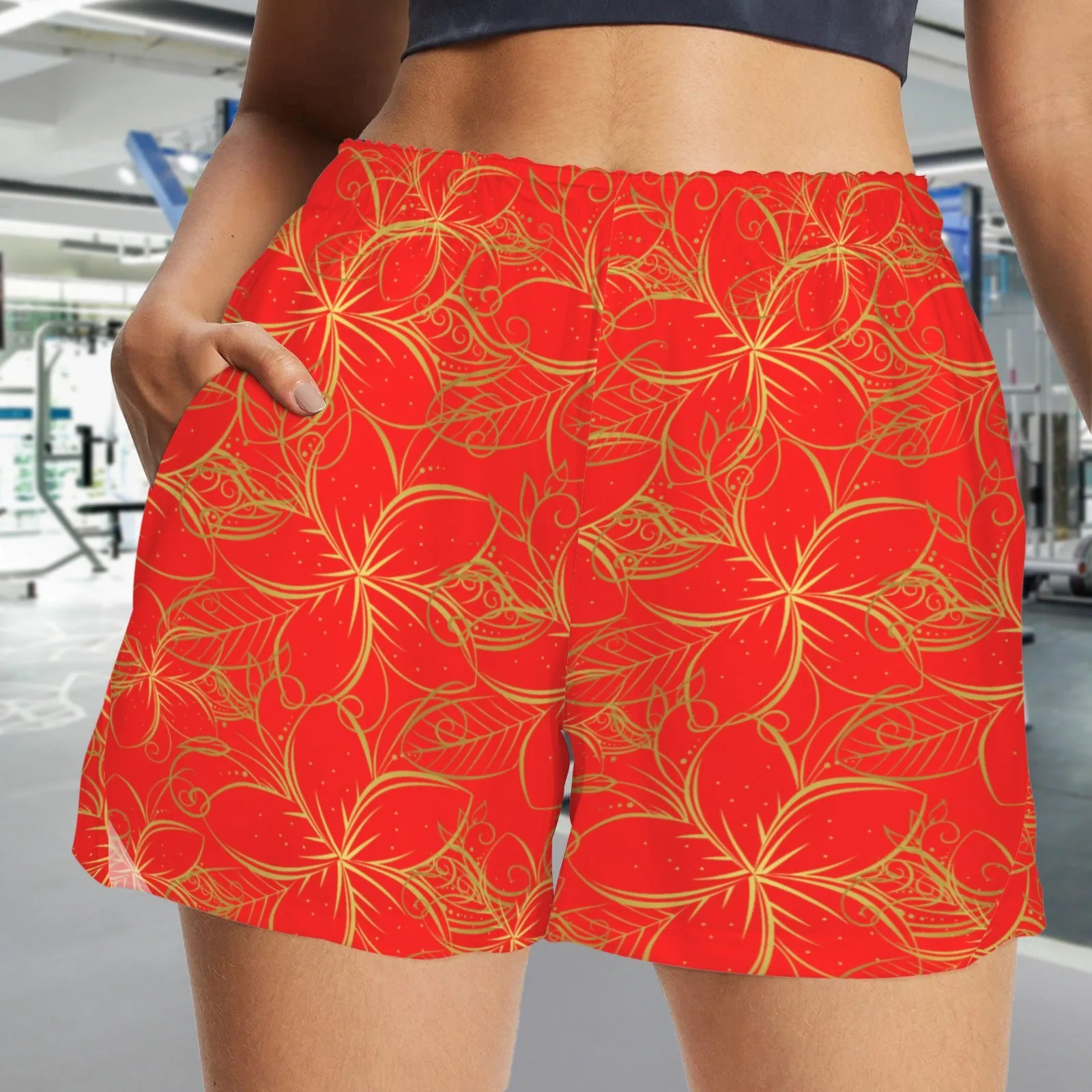 Golden Frangipani Red Art Zip Pocket Shorts up to 5 XL (FWS)