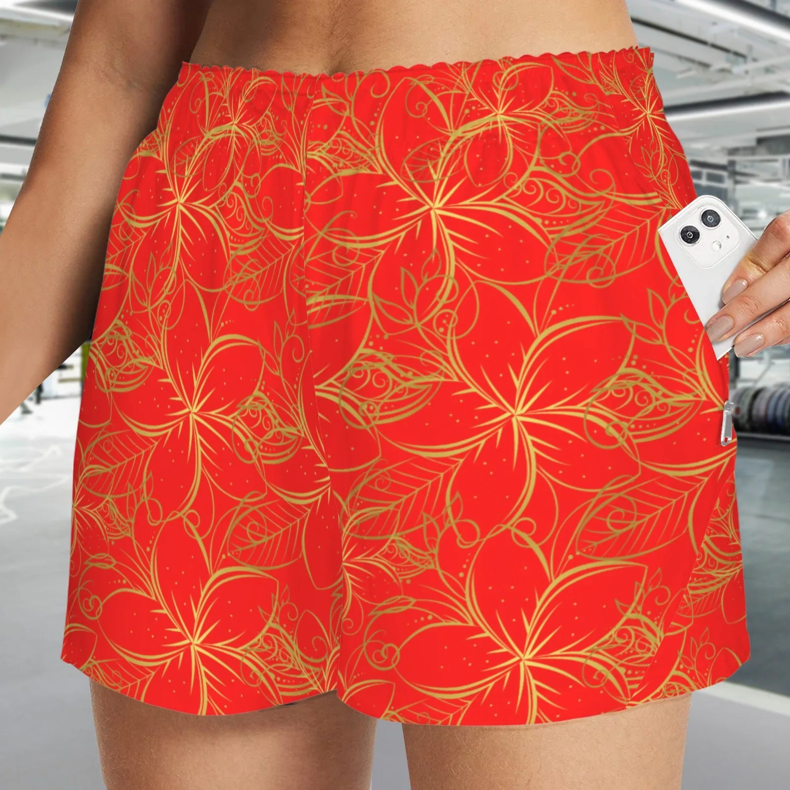Golden Frangipani Red Art Zip Pocket Shorts up to 5 XL (FWS)