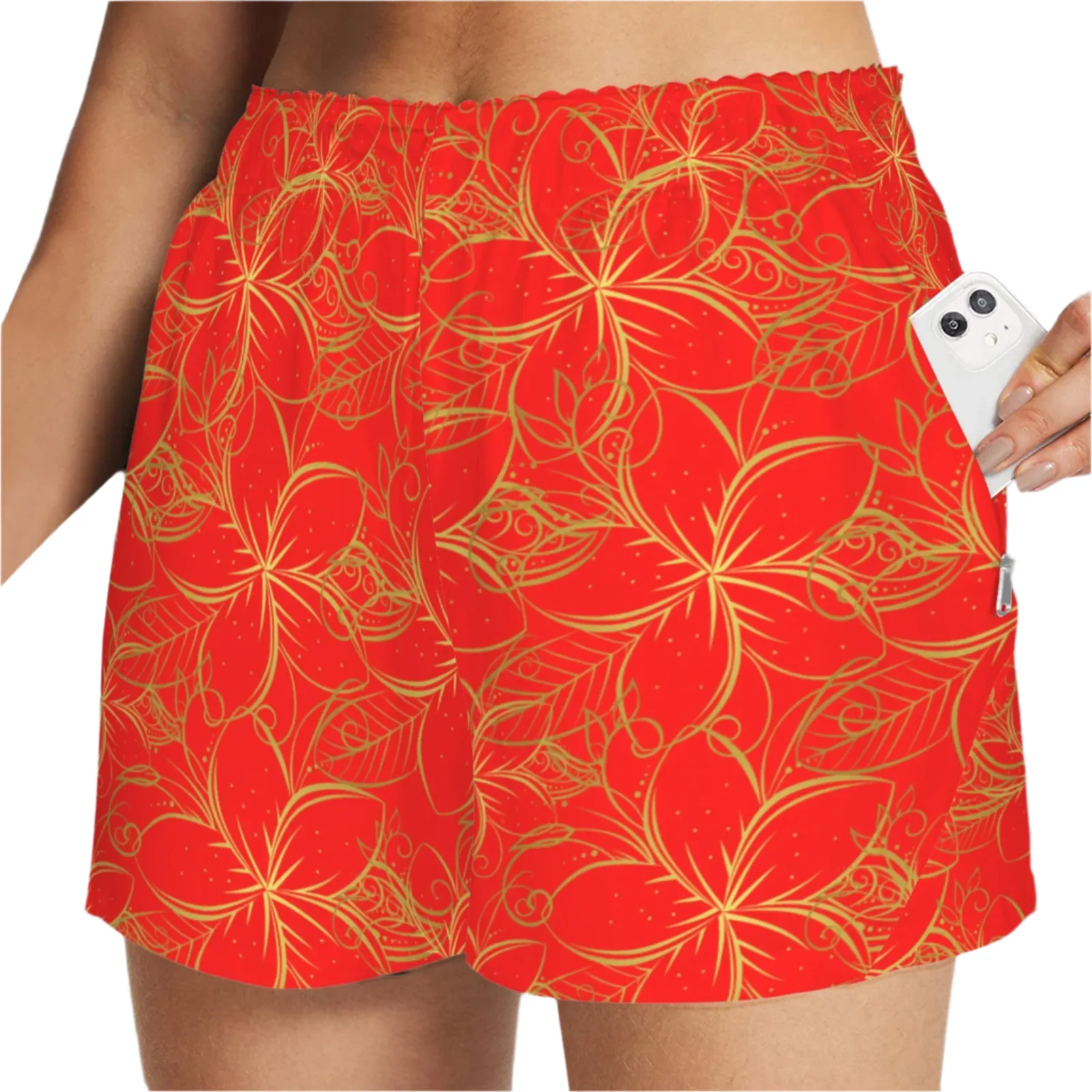 Golden Frangipani Red Art Zip Pocket Shorts up to 5 XL (FWS)