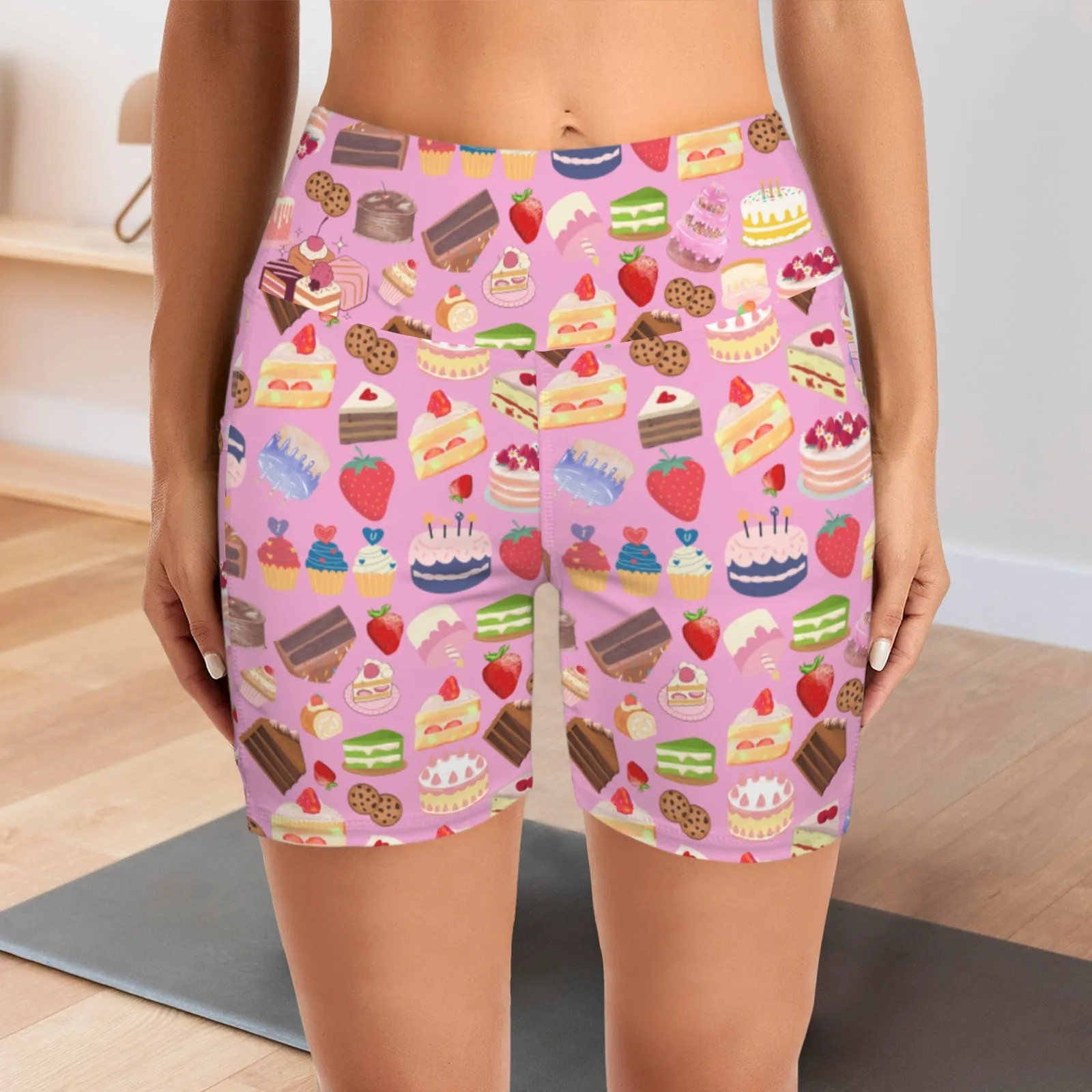 Happy Cake Pink Yoga Shorts with Pockets up to 5 XL (FWS)