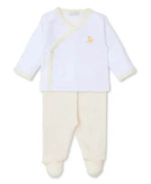 Kissy Kissy Footed Pant Set with Hand Embroidered Premier Duckling, White/Yellow