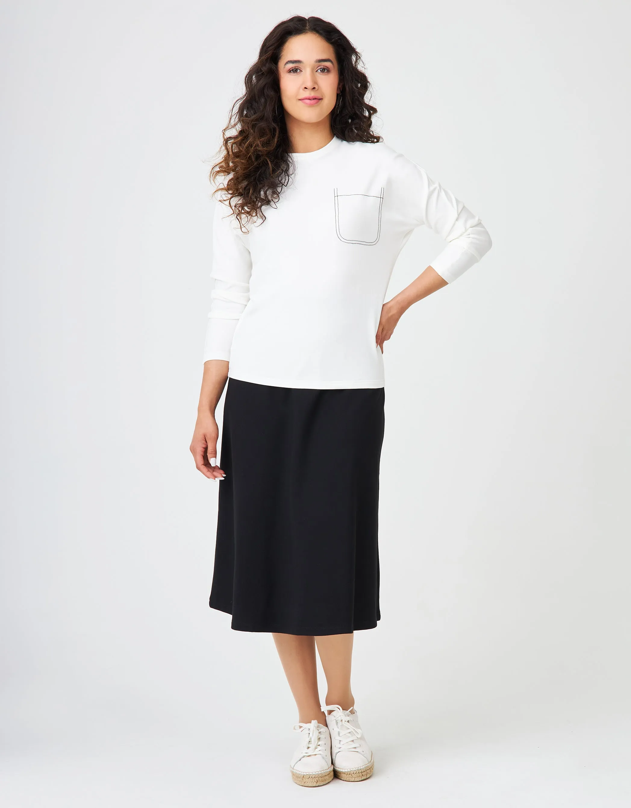 Light French Terry Crew Tee with Micro Bead Pocket Motif Ivory