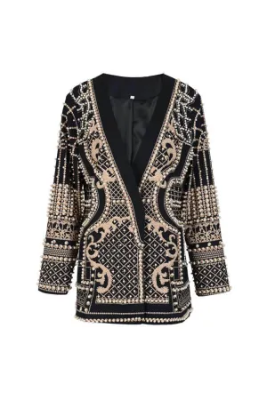 Luxury Faux Pearl Embellished Printed Plunge Shoulder Pad Party Blazer