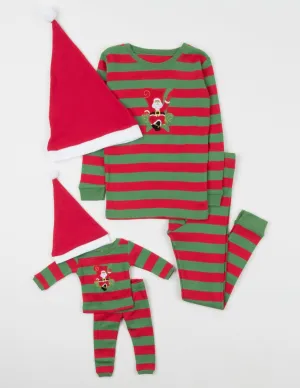 Matching Girl and Doll Cotton Santa Red & Green Stripes with Hat Pajamas
