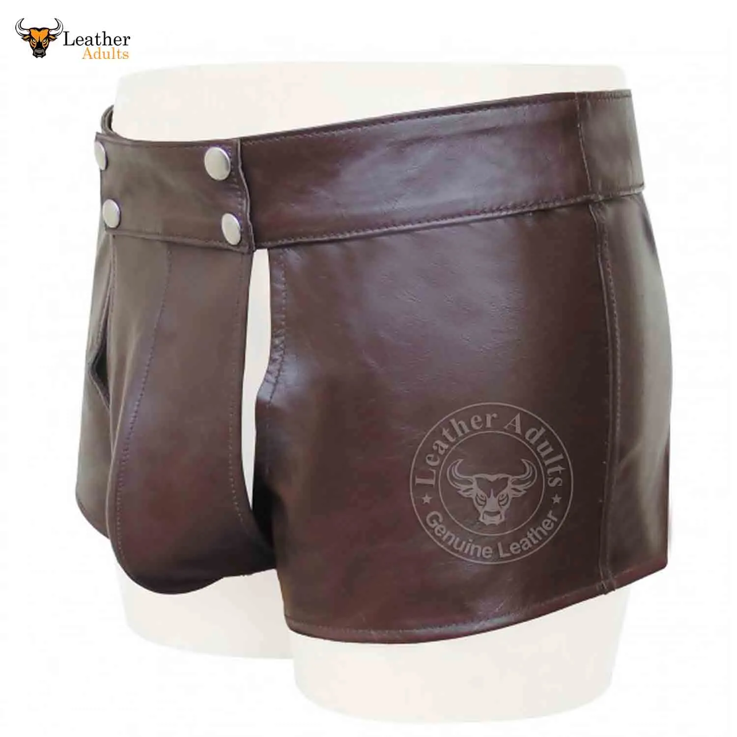 Mens Real Brown Leather Short With Detachable Front Pouch Codpiece Front opening Gay Shorts