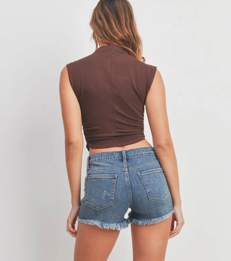 Mid Rise Medium Denim Distressed Beach Short by Just USA