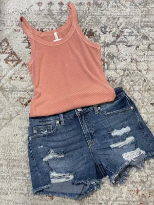 Mid Rise Medium Denim Distressed Beach Short by Just USA