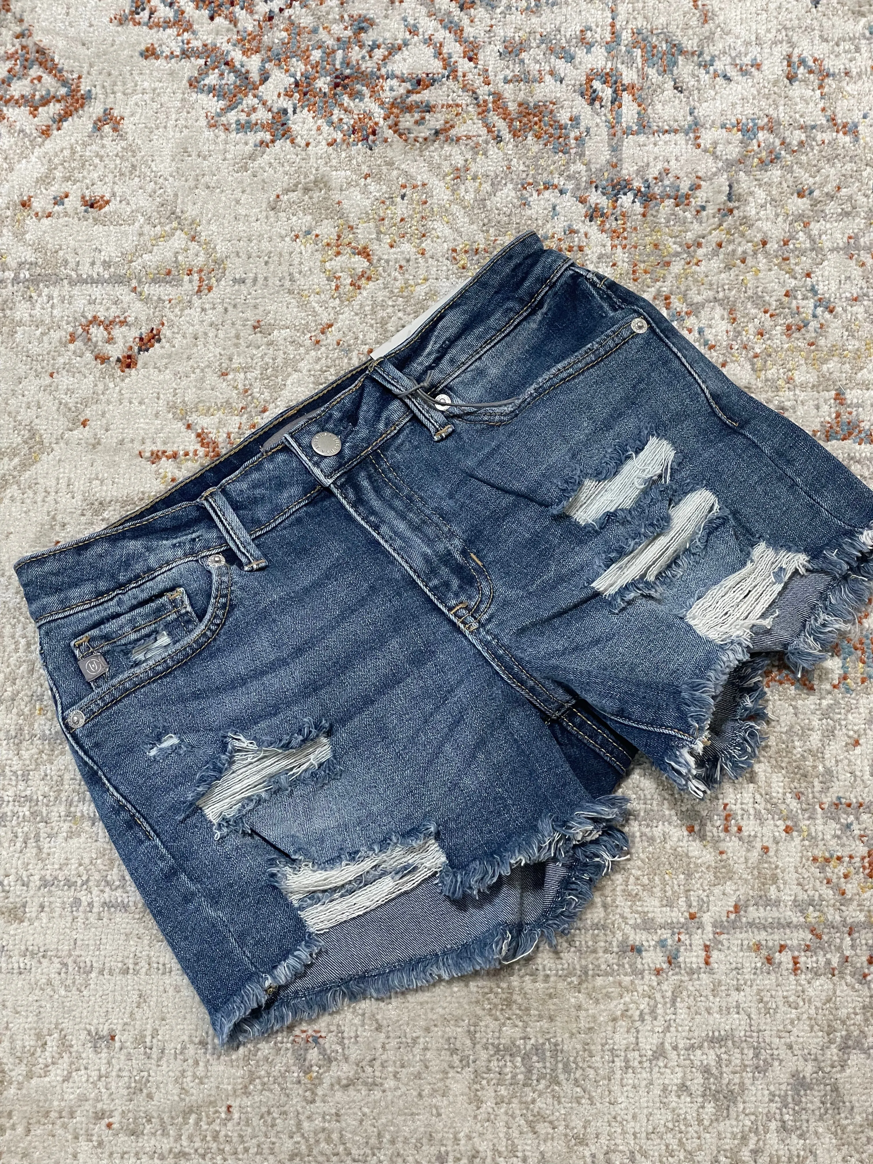 Mid Rise Medium Denim Distressed Beach Short by Just USA