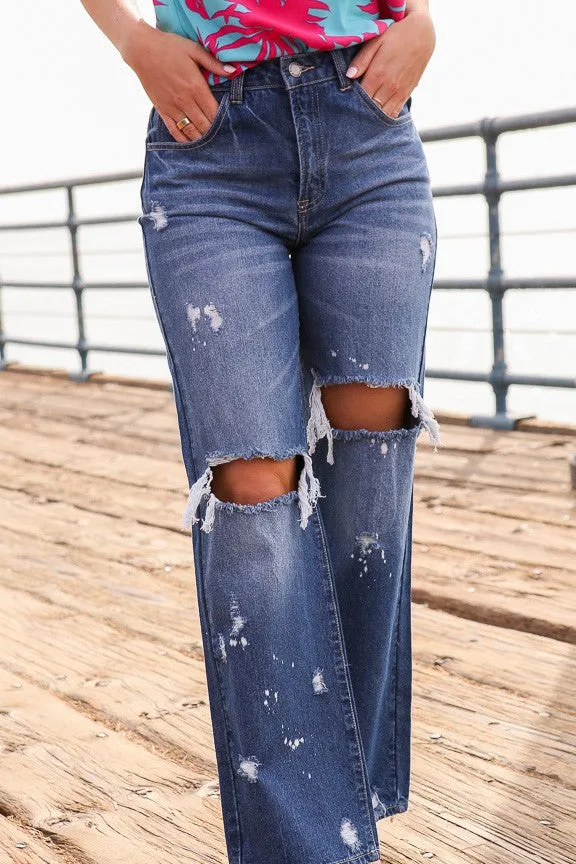 Out and About Distressed High Waisted Jeans - Medium Denim