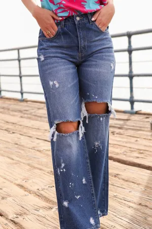 Out and About Distressed High Waisted Jeans - Medium Denim