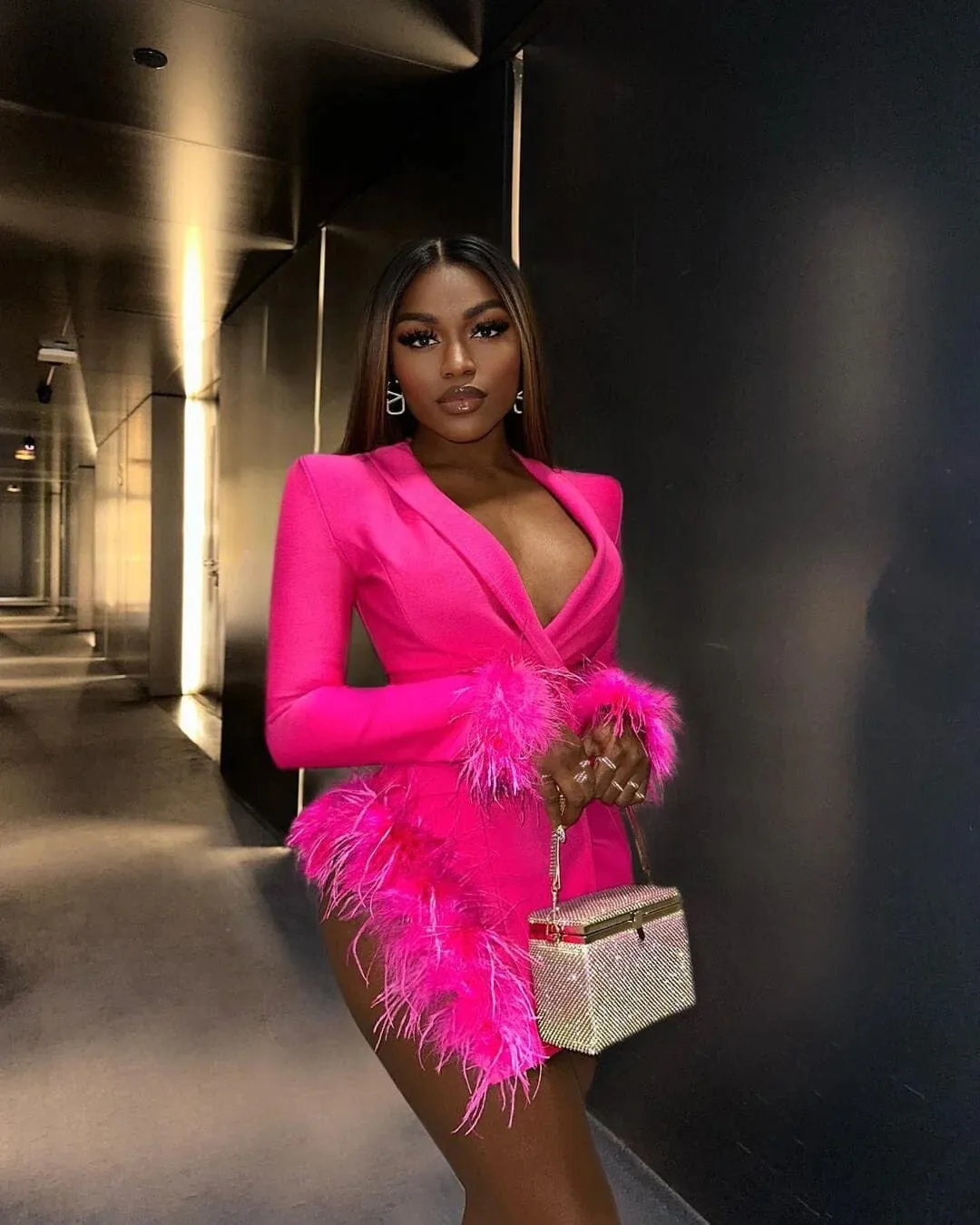 Pink Blazer Dress with Feathers