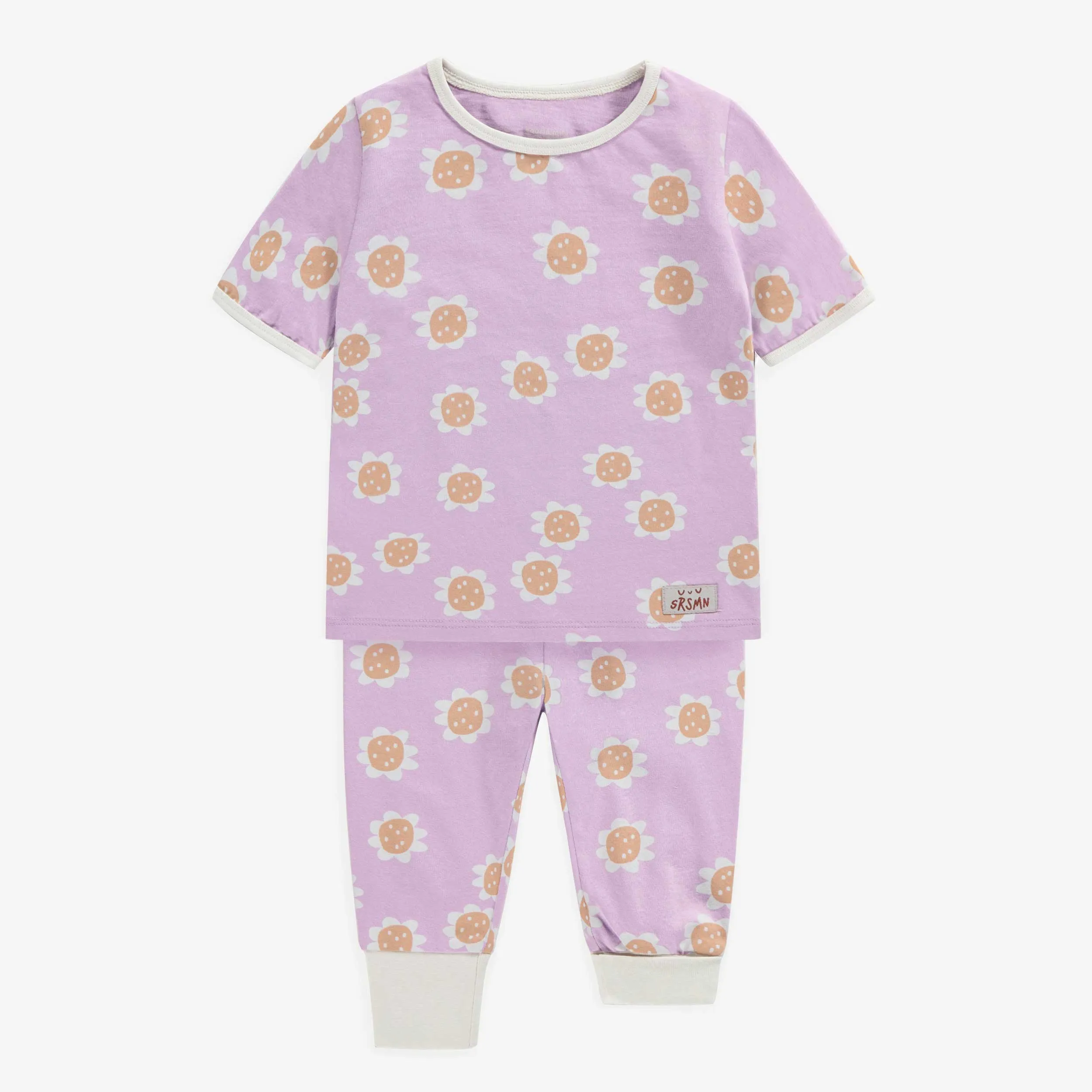 Pyjama mauve avec fleurs rétro orange en coton, bébé || Purple pajamas with orange retro flowers in cotton, baby