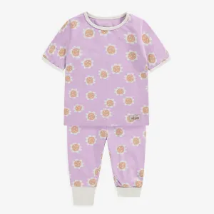 Pyjama mauve avec fleurs rétro orange en coton, bébé || Purple pajamas with orange retro flowers in cotton, baby