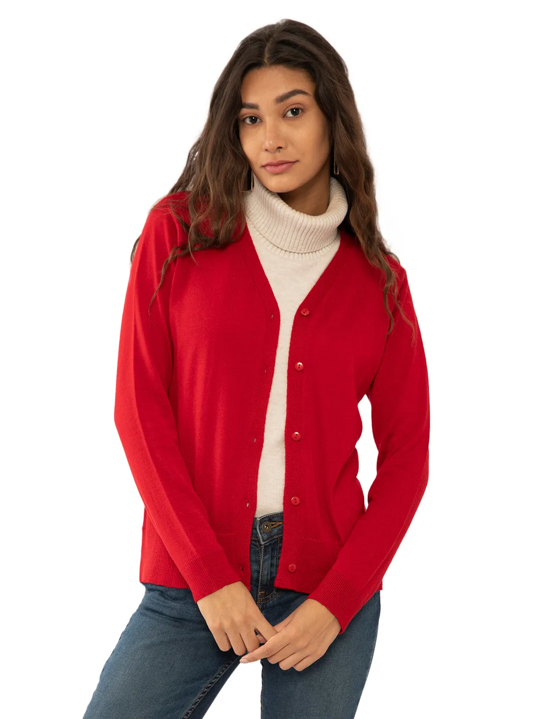 Red Solid Regular Cardigans